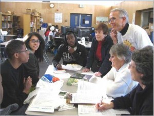 BCR's Mim Shapiro, Jim Lamm, June Walden and Irene Reingold talk with Culver City High School students about native plants.